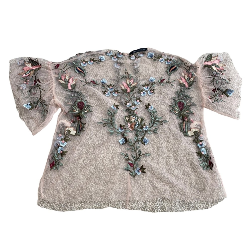 Zara blush embroidered sheer mesh top oversized sleeves size S